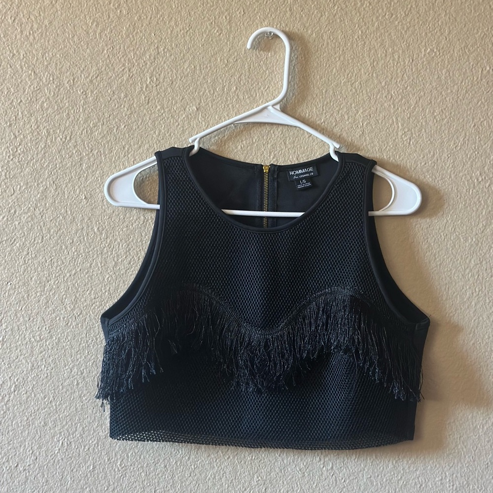 Black Fringe Mesh Crop Top